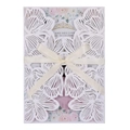 Détail d'invitation de mariage découpée au laser avec nœud en satin et carte fleurie - Blanc
