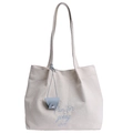 Sac cabas minimaliste en toile crème avec broderie bleue et bandoulière élégante - Blanc Cassé