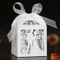 Elegant white laser-cut wedding favor box with ribbon and groom bride silhouette - White / 5*5cm