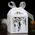 White laser cut wedding favor box with romantic bride and groom silhouette and ribbon - 5*5*8CM / White