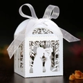 Detail of white laser-cut wedding favor box featuring bride and groom silhouette and ribbon - 5*5*8CM / White