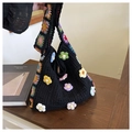 Borsa tote nera all'uncinetto con fiori 3D colorati e tracolla a quadretti nonna - Nero