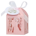 Close-up of pink laser-cut wedding favor box with ribbon and Thank You tag - 5*5cm / Pink