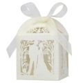 Detail of laser-cut wedding favor box with bride and groom silhouette and white ribbon - Ivory / 5*5cm