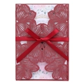 Detail of burgundy laser-cut wedding invitation with floral insert and satin bow ribbon - Dark Red