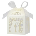 Laser-cut ivory wedding candy box featuring a romantic couple silhouette and white ribbon bow - 5*5*8CM / Ivory