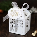 Detail of white laser-cut wedding favor box with ribbon and Thank You gold tag - 5*5cm / White