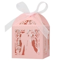 Pink laser cut wedding favor box with bride and groom silhouette and white silk ribbon - Pink / 5*5cm