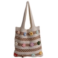 Borsa tote in maglia a righe con fiori colorati all'uncinetto e dettagli marroni - Cachi