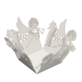 Intricate laser-cut white paper cupcake wrappers with angel trumpet design for weddings - Reflective Silver