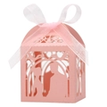 Pink laser-cut wedding favor box featuring romantic couple silhouette and organza ribbon bow - 5*5*8CM / Pink