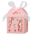 Laser-cut pink wedding favor candy box with silhouette engraving and white ribbon bow - 5*5*8CM / Pink
