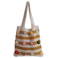 Borsa tote all'uncinetto a righe beige e gialle con decorazioni floreali in maglia - Giallo