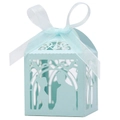 Detailed laser-cut light blue wedding candy box with ribbon and bride groom silhouette - 5*5*8CM / Pearl Pale Blue