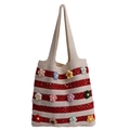 Grande borsa tote intrecciata con fiori lavorati a maglia 3D colorati e strisce - Rosso