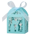 Detail of light blue laser-cut wedding favor box with ribbon bow and couple silhouette - 5*5*8CM / Tiffany Blue