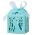 Elegant light blue laser cut wedding favor box with ribbon bow and couple silhouette - Tiffany Blue / 5*5cm