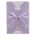 Close-up of laser-cut lavender wedding invitation with pearl finish and satin ribbon - Lilac Purple