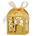 Detail of laser-cut gold wedding favor box with romantic couple silhouette and ribbon - 5*5*8CM / Gold