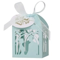 Macro view of light blue laser cut wedding favor box with ribbon and thank you tag - 5*5cm / Pearl Pale Blue