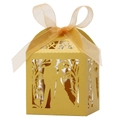 Detail of laser cut gold wedding favor box with ribbon and elegant silhouettes - Gold / 5*5cm