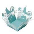 Detail of sky blue laser cut cupcake wrappers with angel wings and intricate hollow design - Tiffany Blue
