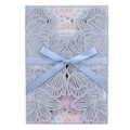 Detailed laser cut floral invitation with light blue sleeve and ribbon bow - Fog Blue