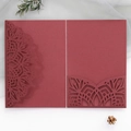 Burgundy laser-cut wedding invitation pocket with intricate mandala hollow patterns - Dark Red