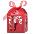 Detail of red laser-cut wedding favor box with romantic silhouettes and organza bow - 5*5*8CM / Pearlescent Red