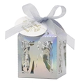 Boîte de mariage holographique découpée au laser avec silhouette et ruban gris élégant - 5*5cm / Couleur AB