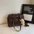 Dark brown PU leather Boston bag with teddy bear pendant and shoulder strap - Deep Brown With Charm