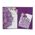 Purple laser cut wedding invitation with floral insert and intricate hollow rose design - Dark Purple