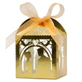 Elegant gold laser-cut wedding candy box with couple silhouette and champagne ribbon bow - 5*5*8CM / Reflective Gold