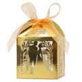 Golden laser-cut wedding favor box with romantic couple silhouette and orange ribbon - Reflective Gold / 5*5cm