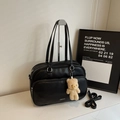Minimalist black PU leather Boston bag with white logo and cute plush bear charm - Black with Pendant