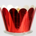 Metallic red cupcake liner with scalloped petal edges showcasing gourmet chocolates - Reflective Bright Red