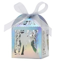 Iridescent laser cut wedding favor box with white ribbon and bride groom hollow pattern - AB Color / 5*5cm