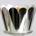 Silver laser cut cupcake wrapper with wavy edge and metallic finish on glass stand - Reflective Silver