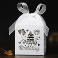 Detail of white laser-cut Happy Birthday treat box with ribbon bow and festive motifs - White