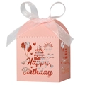 Pink laser cut Happy Birthday candy box with white ribbon bow and hollow festive designs - Pink