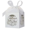 Close-up of laser-cut 'Love You Mom' white candy box with elegant floral patterns and ribbon - 5*5*8CM / White