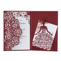 Burgundy laser-cut rose wedding invitation with floral insert card on white background - Dark Red