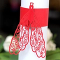 Red laser-cut peacock paper napkin ring with intricate floral hollow patterns - Pearlescent Red