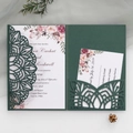 Elegant emerald green laser-cut wedding invitation set with floral inner cards and envelopes - Ink Green