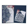 Detail of laser-cut navy wedding invitation with floral insert and bride silhouette - Magic Blue