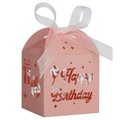 Detailed laser-cut pink Happy Birthday favor box with white ribbon and balloon patterns - Pink