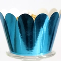 Bright blue metallic cupcake wrapper with wavy edge for elegant party dessert decoration - Reflective Blue