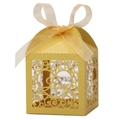 Macro view of laser-cut Love pearl paper candy box with ribbon and heart detail - Gold