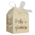 Detail of laser-cut Happy Birthday candy box with balloon patterns and white ribbon bow - Jewelry Cream Star