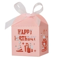 Detail of pink laser-cut Happy Birthday candy box with white ribbon and hollow patterns - Pink